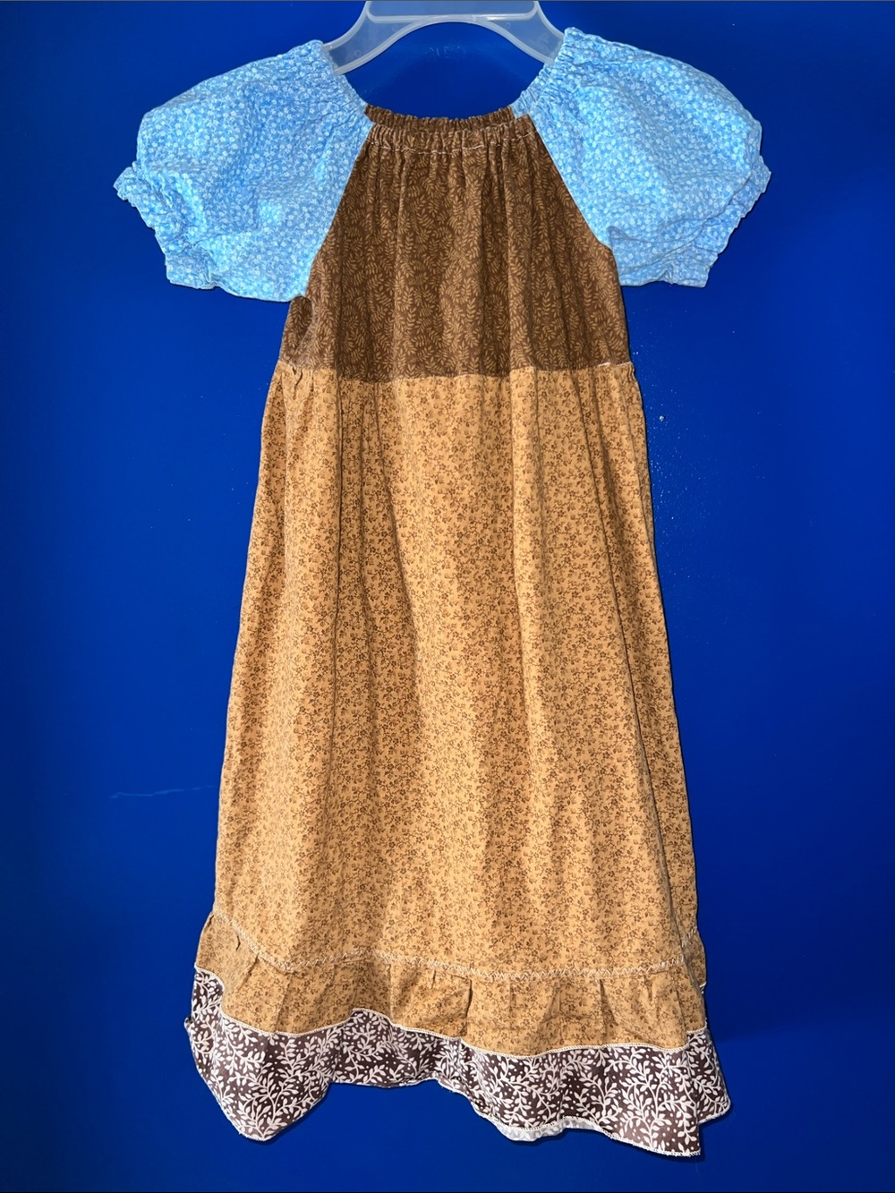 Girl’s Patchwork Prairie Maxi Dress with Puff Sleeves - Blue & Brown